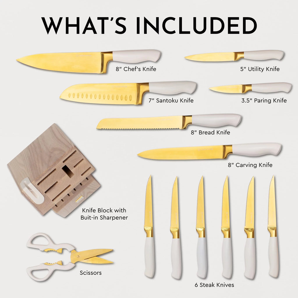 White and Gold 14 Piece Titanium Coated Knife Set with Block D388756