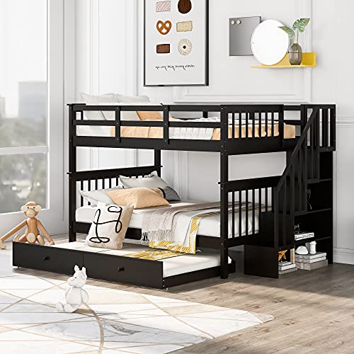 Full Over Full Wood Bunk Bed with Twin Trundle and Stairs, White N1296