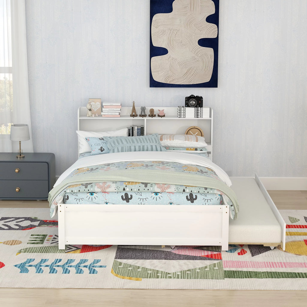 White Wood Full Size Trundle Bed with Bookcase Headboard N500171