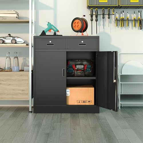 Black Metal Storage Cabinet with Adjustable Shelf and 2 Drawers G738