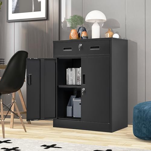 Black Metal Storage Cabinet with Adjustable Shelf and 2 Drawers G738