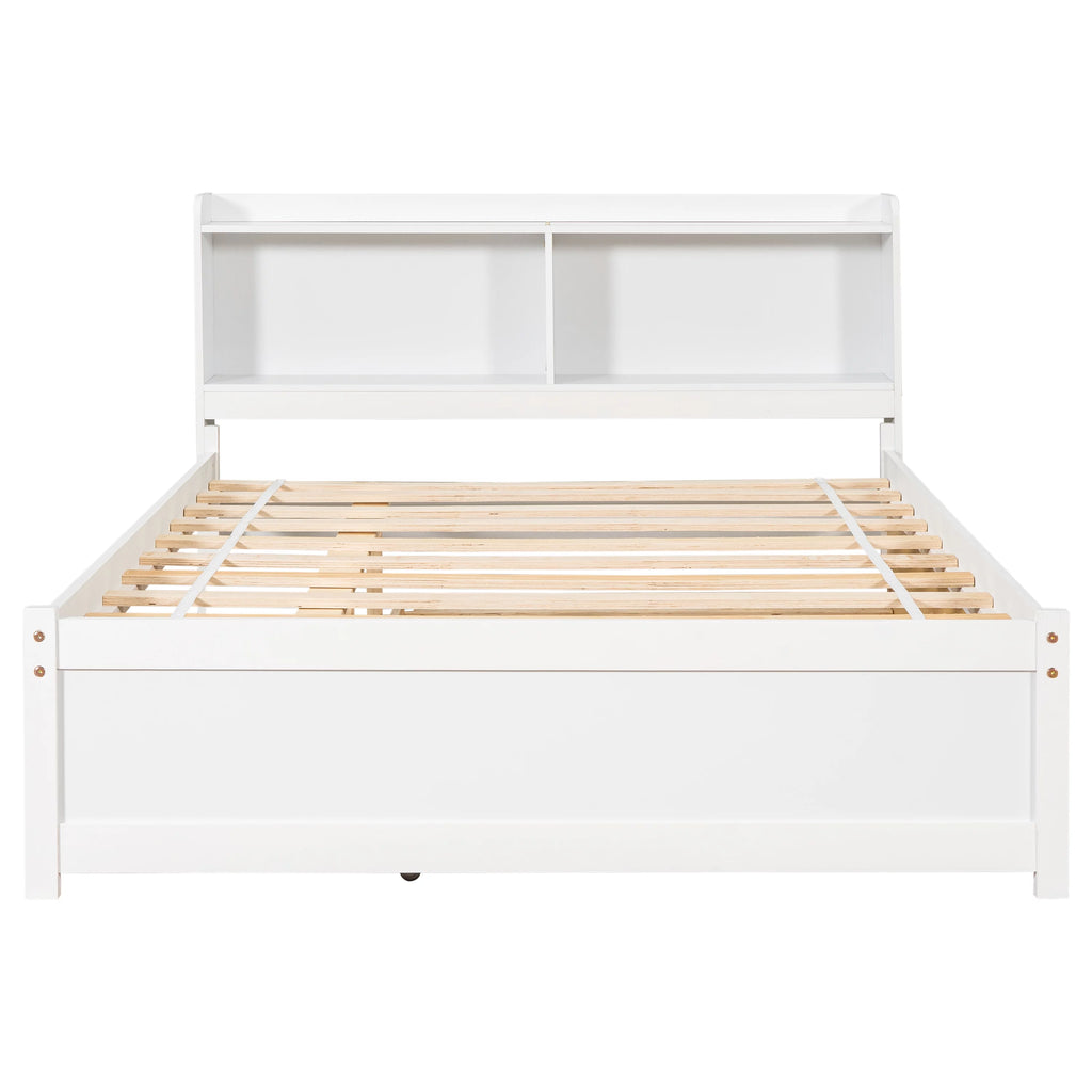 White Wood Full Size Trundle Bed with Bookcase Headboard N500171