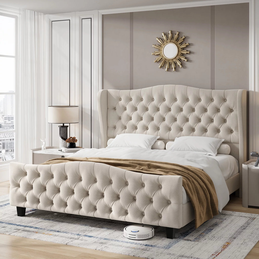 Queen Size Beige Velvet Tufted Upholstered Platform Bed Frame with Wingback Headboard F6518