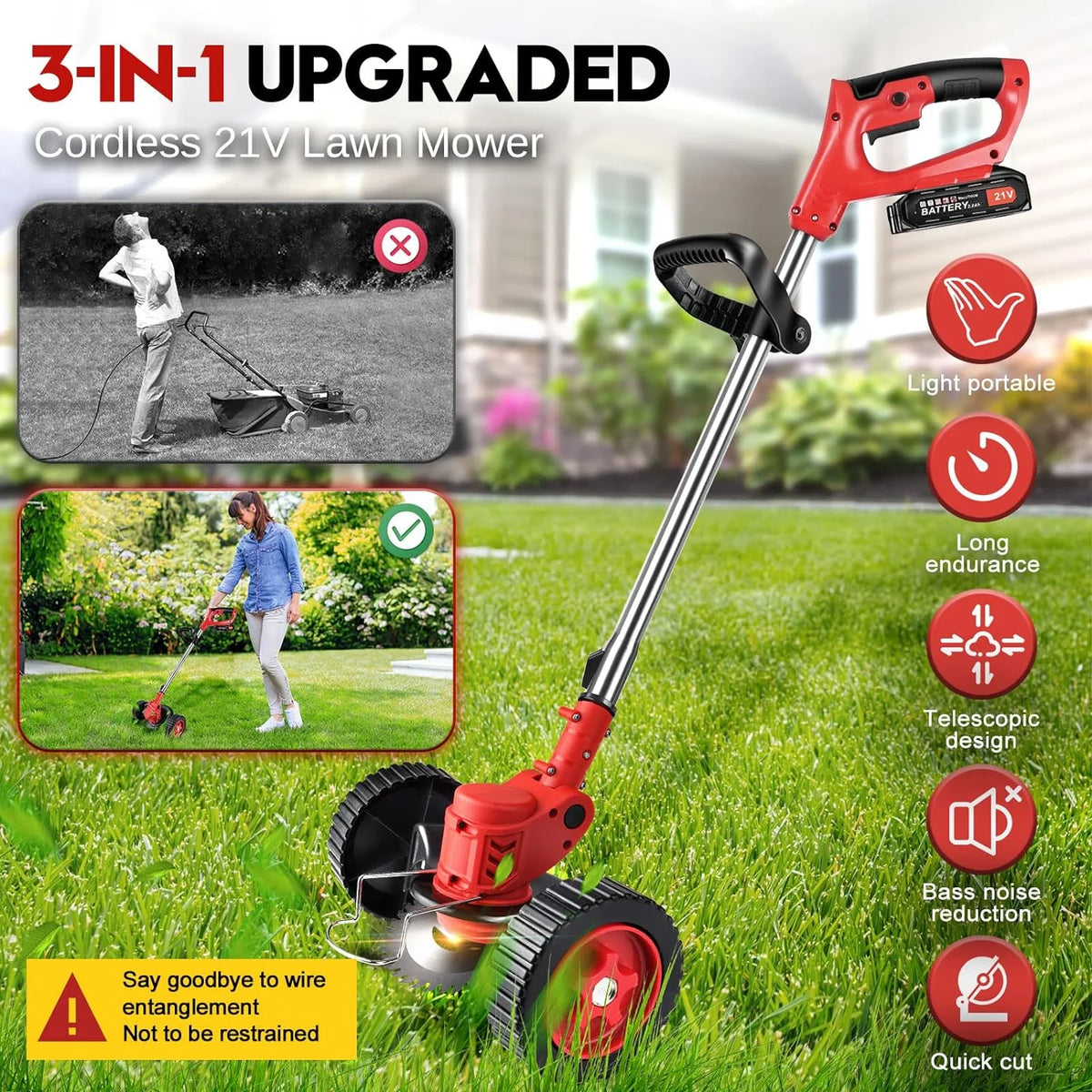 Cordless Electric Weed Trimmer Edger Mower 3-in-1 Cutting Tool Y86045